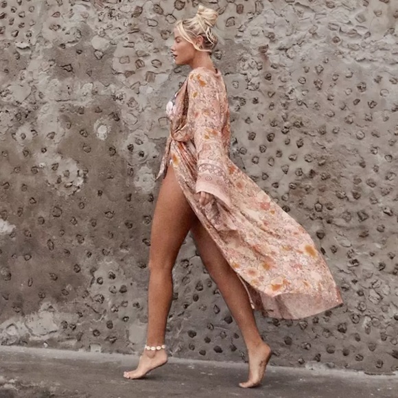 SOLD OUT Pink Bohemian Floral Maxi Duster Kimono Wrap Robe - Picture 6 of 16